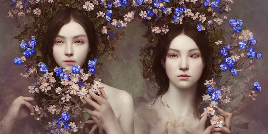 Image similar to breathtaking detailed concept art painting portrait of the goddess of nemophila flowers, orthodox saint, with anxious piercing eyes, ornate background, amalgamation of leaves and flowers, by hsiao - ron cheng, extremely moody lighting, 8 k