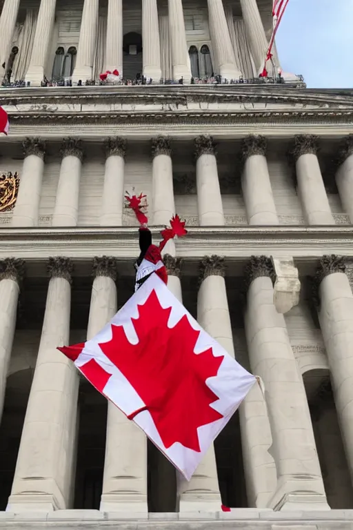 Prompt: QAnon Shaman dressed in maple leaf clothing and waving a Canadian flag in celebration of Canada Day at the Capitol Building in Washington DC
