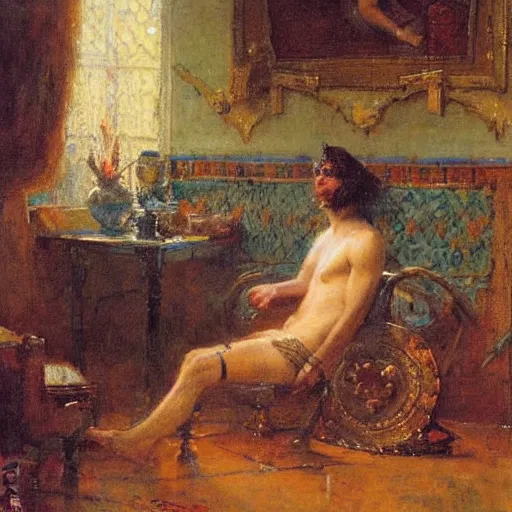 Image similar to portrait of silver knight resting his legs on a table, by gaston bussiere