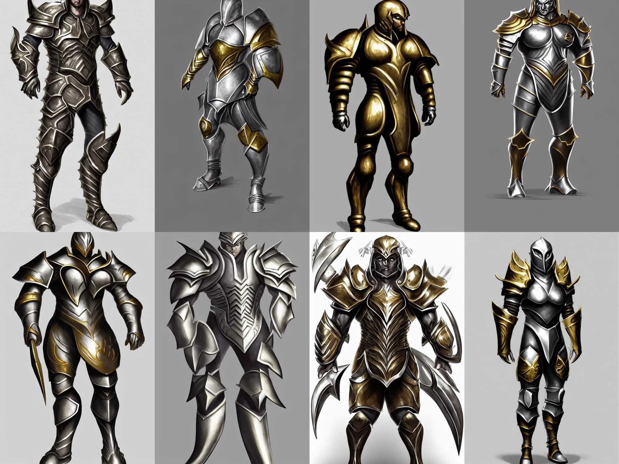 Prompt: beefy fantasy armor, concept sketch, silver with gold trim, extremely polished, heavy exaggerated proportions, flat shading, smooth, uncluttered, extremely clean, fantasy character portrait, professional concept art, front view, A-pose, full body