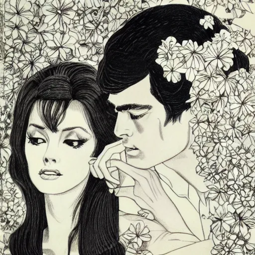 Prompt: 1 9 6 0 s drawing symmetrical pretty elegant brigitte bardot as a vampire kissing alain delon, very detailed intricate intaglio, style of takato yamamoto, lots of flowers