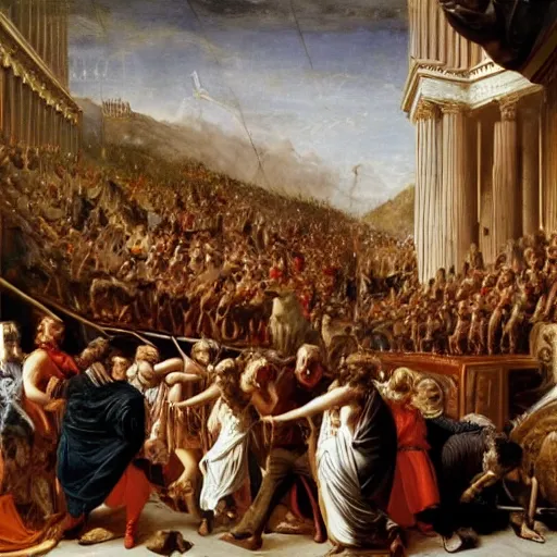 Image similar to the madness of nero, historically accurate, by various popular artists, oil painting on canvas, epic, cinematic,