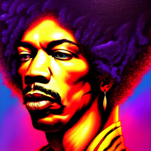 Prompt: portrait of jimi hendrix, extremely psychedelic, surreal, dramatic lighting, detailed, intricate, highly detailed, digital painting, artstation, concept art, smooth, sharp focus, illustration