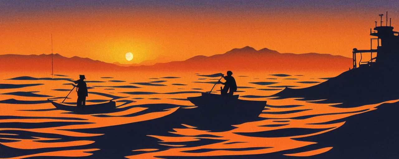 Image similar to fisherman fishing at sea, golden hour, hiroshi nagai