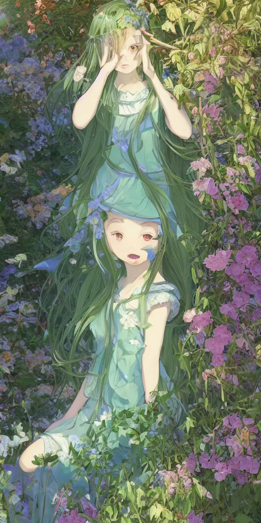 Image similar to a digital art of a loli with long hair in a dress in the privet garden at after noon, green and warm theme, blue accents, by krenz cushart and mucha and akihito yoshida and greg rutkowski and makoto shinkai, low angle, long shot, back lighting, detailed eyes, 4 k resolution, trending on art station