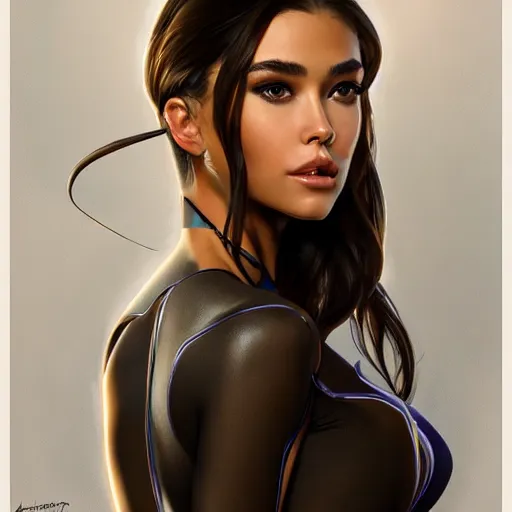 Image similar to portrait of madison beer wearing a skintight suit, intricate, elegant, highly detailed, digital painting, artstation, concept art, smooth, sharp focus, illustration, art by artgerm and greg rutkowski and alphonse mucha, 8 k