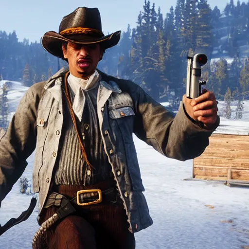 Image similar to an in-game screenshot of Eric Andre in Red Dead Redemption 2 (2018)