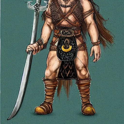 Image similar to full face and body character design reference art of Eoghaill of the Murine Hordes, a La Tene Culture Celtic chieftain and warrior, resplendent and proud of bearing, long black hair, hirstute and muscled, wielding a Celtic longsword, verminous seeming. high quality, high detail, realistic painting, in the style of: Angus McBride, Moebius aka Jean Giraud, and Michael William Kaluta. photorealistic light.