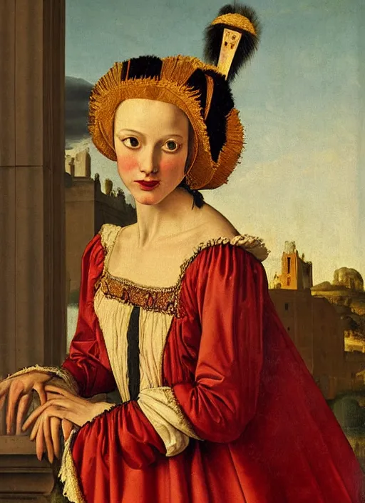 Image similar to portrait of young woman in renaissance dress and renaissance headdress, art by adolf ziegler