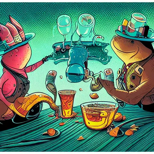 Image similar to frog drinking with crazy bunny with steam coming out from ears, by josan gonzales and Dan Mumford