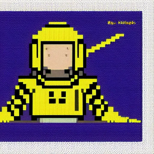 Image similar to a person in a gold and navy astronaut suit based upon medieval armor laser welding the stars into the sky, 8-bit pixel art