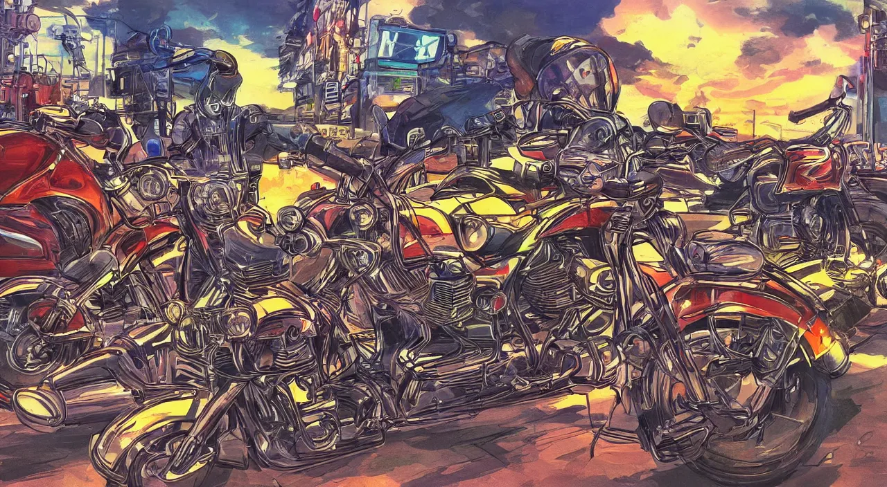 Image similar to motorcycles parked outside gas station south west sunset beautiful artstation 4 k breathtaking concept art illustration cartoon by jack kirby