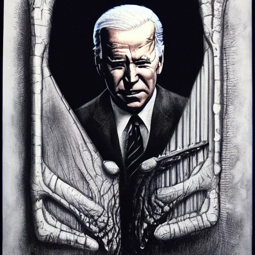 Image similar to Joe Biden!!!!!!!!!!!!!!!!!, by Stephen Gammell and H.R Giger