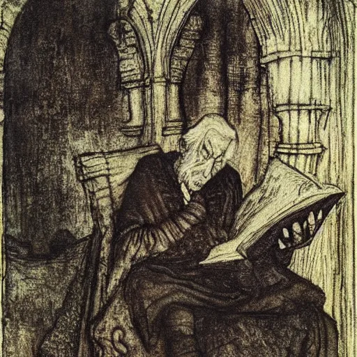 Image similar to a 1 3 th century, enigmatic, melancholic, fae wizard ( look like ( ( eighty years old christopher lee ) ), is ( ( reading an old book ) ). light dust, magnificent, hyperdetailed, theatrical, painted by arthur rackham