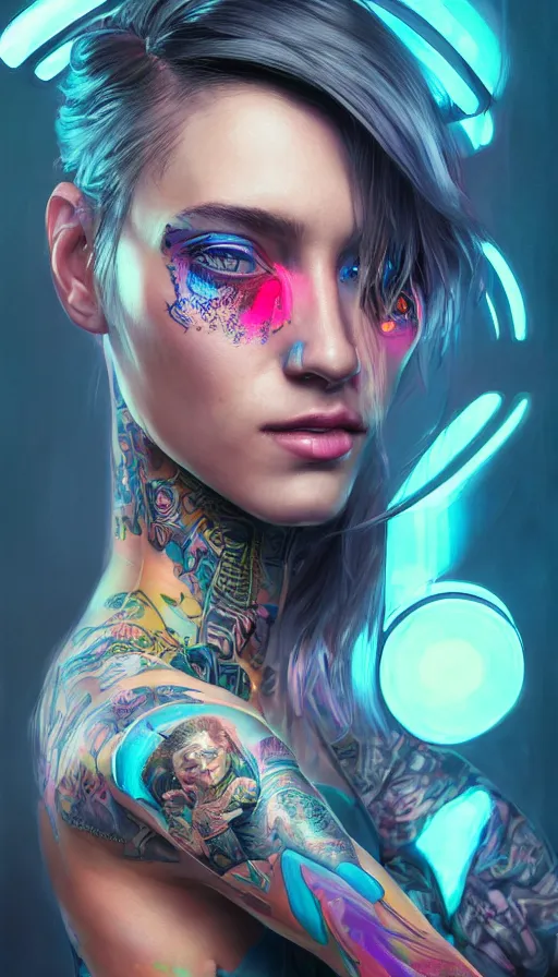 Image similar to a stunning highly detailed digital portrait of a cyberpunk woman in strong lighting, tattoos and electronics, neon reflections, pastel colors, by mandy jurgens, highly detailed, oil on canvas