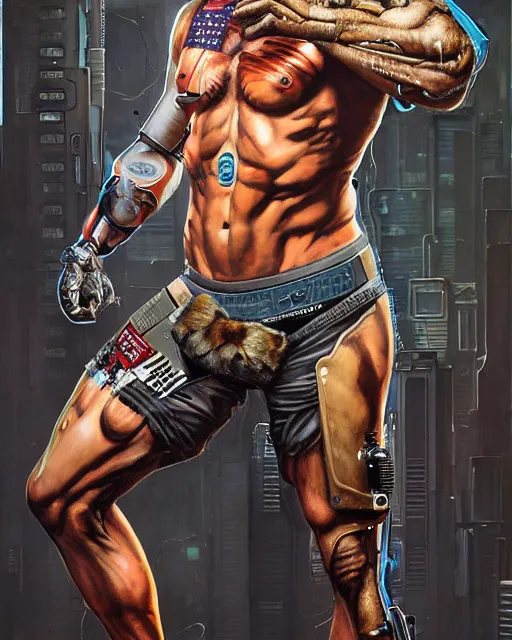 Image similar to a portrait of a muscular anthropomorphic cyberpunk puma by sandra chevrier, by jon foster, detailed render, pistol in holster, tape deck, epic composition, cybernetics, 4 k realistic, cryengine, realistic shaded lighting, sharp focus, masterpiece, by enki bilal