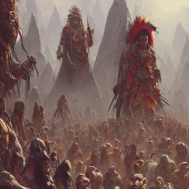 Image similar to a painting of too many chiefs and not enough indians by greg rutkowski, dark fantasy art, high detail, trending on artstation