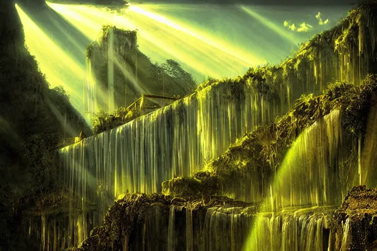 Image similar to gothic waterfall favela honeybee hive, art nouveau environment, crepuscular rays, industrial factory, award winning art, epic dreamlike fantasy landscape, ultra realistic,