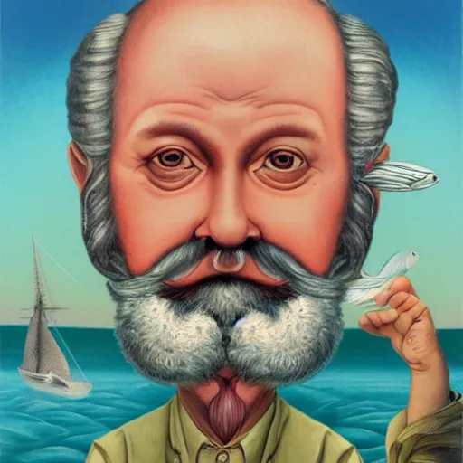 Image similar to old man with a beard full of fish, harbour background, lowbrow surrealistic, in the style of mark ryden,