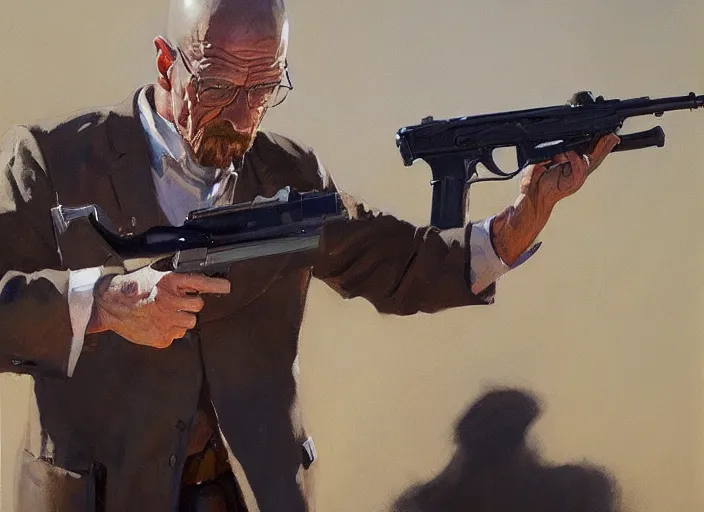 Image similar to a highly detailed beautiful portrait of walter white with a gun, by gregory manchess, james gurney, james jean