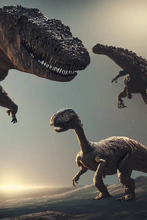 Image similar to dinosour see the asteroid before they go extinct, ultra realistic, concept art, intricate details, highly detailed, photorealistic, octane render, 8 k