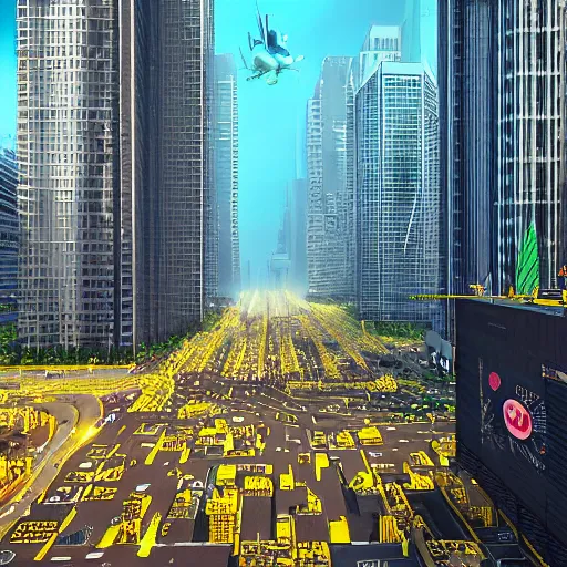 Prompt: huge giant yellow minion, destroying megapolis with skyscrapers and creating chaos, helicopter view, archive vhs, 8 0 s, old video, perfect composition, golden ratio, beautiful detailed, photorealistic, smooth, sharp focus, octane render, unreal engine