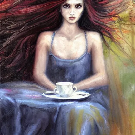 Prompt: painting in the style of lois royo of a single young girl, alone, with no one else around, sitting alone on her throne, drinking coffee. she has long dark hair, blue eyes, two arms, two legs, one torso and one head.