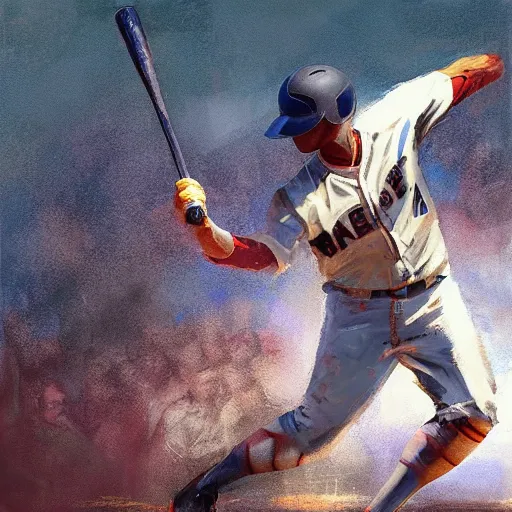 Image similar to baseball player hitting the ball with the baseball bat in the middle of the game and in front of everyone in the stadium, james gurney painting style, greg rutkowski, artstation