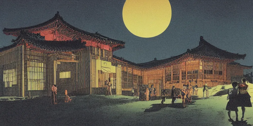 Image similar to a korean school at night by richard corben