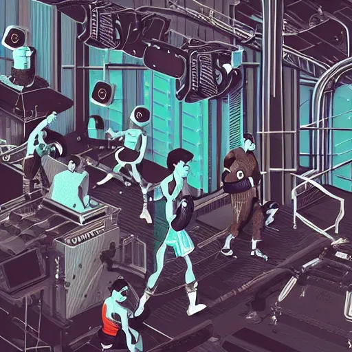 Image similar to a beautiful highly detailed vector illustration close up of a boxing match with robots in a factory, punk styling by atay ghailan, cliff chiang, loish and goro fujita, silver, silver, brown, black, blue and cyan tones, featured on artstation, featured on behance, grunge aesthetic