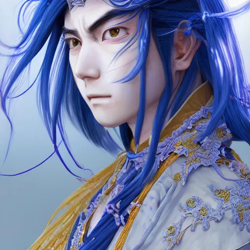 Image similar to an immortal xianxia cultivator with long blue hair as an absurdly handsome, elegant, young anime man, ultrafine hyperrealistic detailed face illustration by kim jung gi, irakli nadar, intricate linework, sharp focus, bright colors, matte, gujian, final fantasy, unreal engine highly rendered, global illumination, radiant light, intricate environment