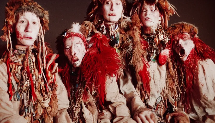 Prompt: high realistic photo portrait of esoteric tribes members with taxidermic flesh bloody jaw and elaborate red clothes in the desert, cinestill 800t 35mm, heavy grain, high quality,