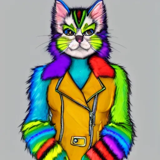 Image similar to wide angle full body, jacket wearing fluffy cute rainbow kitten wearing a black leather motorcycle jacket, concept art