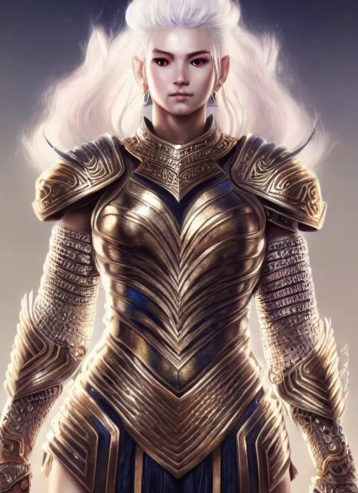 Image similar to warrior, intricate ornate opal heavy armor!!! beautiful and athletic white hair female!! gorgeous face and eyes!! character concept art, sharp focus, octane render! unreal engine 5! highly rendered!! trending on artstation!! detailed linework!! illustration by artgerm, wlop, and chie yoshii