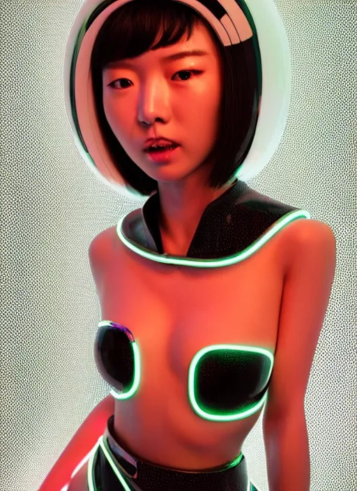 Prompt: japanese female humanoid with freckled cheeks, cyber neon lighting, retro futurism, intricate futuristic led lit jewelry, retro futuristic glossy white latex swimwear, profile posing, hyper photorealistic, crispy quality, digital photography, trending in artstation, trending in pinterest, cinematic, 4 k ultra hd, art by pascal blanche, art by greg rutkowski,