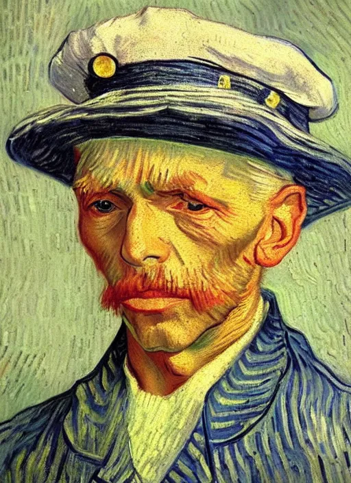 Image similar to portrait of a very old sailor with white hair and captain's hat, asleep, detailed realism face in painting, detailed beautiful portrait, expressionist oil painting masterpiece, 8 k resolution, smooth, sharp focus, pastel color palette, trending on artstation, by van gogh