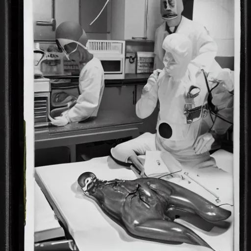 Image similar to 1960s art of Secret government lab. Alien autopsy, polaroid, kodak, film grain