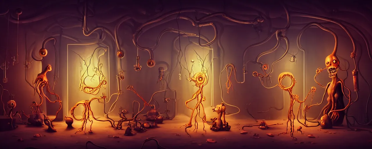 Prompt: uncanny alchemist chthonic creatures inside a visceral arterial alchemical lab within the left ventricle of a human heart, dramatic lighting, surreal fleischer cartoon characters, surreal painting by ronny khalil