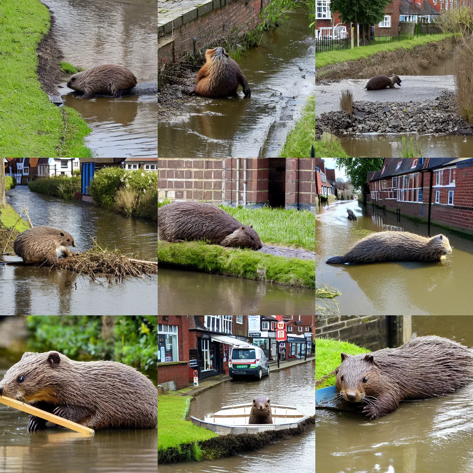 Prompt: a beaver building a dam on the river stour in canterbury, taken from the high street