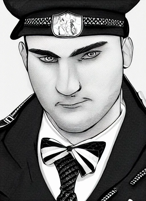 Prompt: a highly detailed illustration of 3 3 year - old clean - shaven chubby white man from uk wearing black police sweater with necktie and police helmet, heroic pose, black and white checker background, intricate, elegant, highly detailed, centered, digital painting, artstation, concept art, smooth, sharp focus, league of legends concept art, wlop.