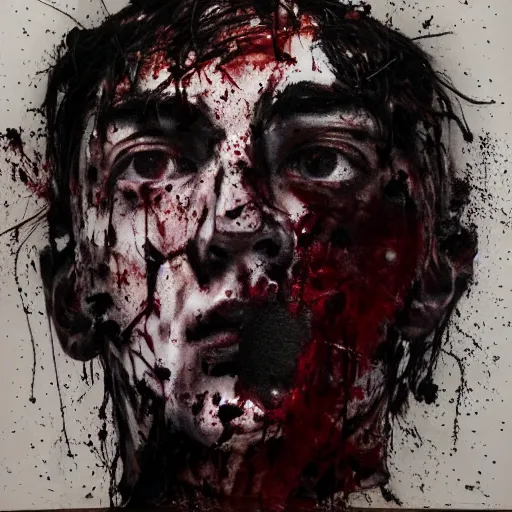 Prompt: matte portrait of a depressed young man covered in dirt and blood, by Antony Micallef by Camille Rose Garcia