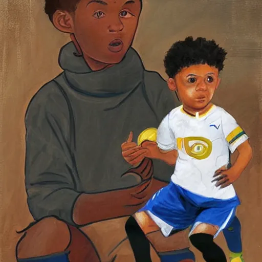 Image similar to small mixed race child being told he isnt good enough to play for leeds. art station, highly detailed portrait