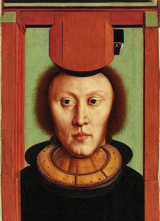 Image similar to a portrait of a half-human, half-machine cybord by Jan van Eyck