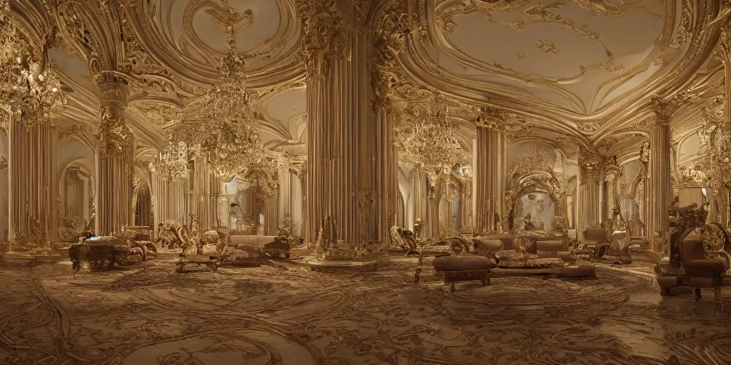 Image similar to a view of the inside of a luxurious late Nineteenth century palace, intricate, elegant, highly detailed, ornate, beautifully lit, ray traced, octane render in the style of Mandy Jurgens and Małgorzata Kmiec and Dang My Linh and Lulu Chen and Alexis Franklin and Filip Hodas and Pascal Blanché and Bastien Lecouffe Deharme