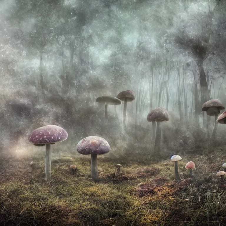 Image similar to a planet of various fungus, mushrooms and plants, inside the picture is infinity, Atmospheric phenomenon, artistic photography, muted colors, conceptual, long exposure outside the city, volumetric light