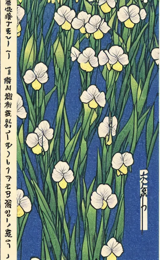 Image similar to by akio watanabe, manga art, iris flowers surface lake, trading card front