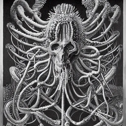 Image similar to Artwork by Ernst Haeckel of The Chitine King Hian the Demigod, master of Ice, and their hateful haunting of steam mephits and horrifying balors, who plan to take revenge on the party for a perceived wrong done to them long ago.