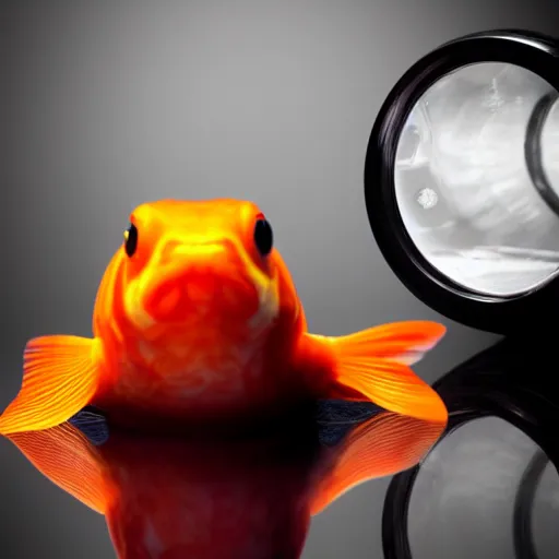 Prompt: realistic portrait photography of a goldfish wearing a cylinder and glasses, high resolution, realistic, hdr, trending on artstation