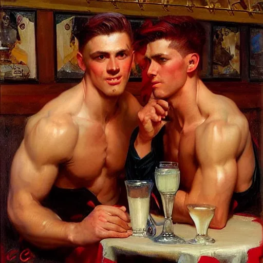 Image similar to attractive muscular male with red hair and muscular attractive male with black hair, drinking their hearts out, in a pub. very defined and highly detailed painting by j. c. leyendecker, gaston bussiere, craig mullins 8 k