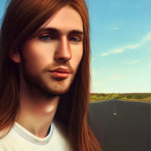 Image similar to a young man with long hair wearing a brown shirt, a character portrait by lydia field emmet, trending on cg society, photorealism, wiccan, handsome, ilya kuvshinov